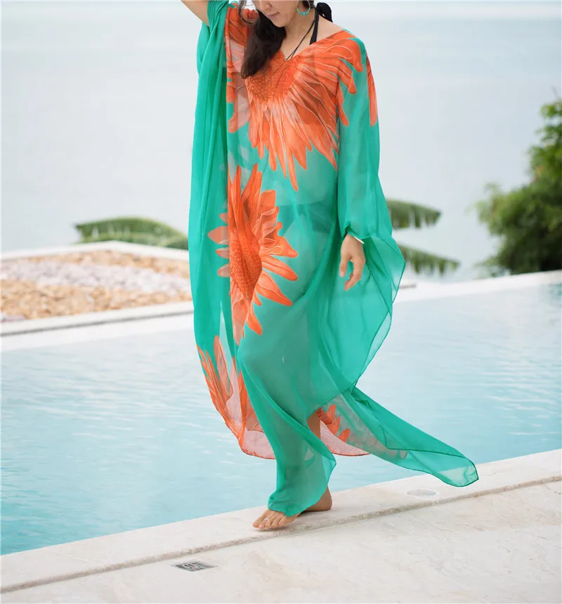 Разноцветное богемное свободное летнее пляжное платье с v-образным вырезом и рукавами-крылышками, Шифоновая туника, женская пляжная одежда, длинное платье de plage N831