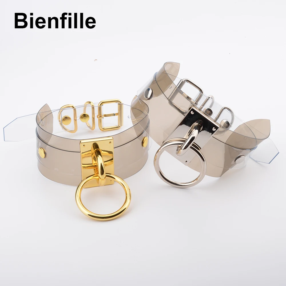 Harajuku Oversized Buckle Rock Double Layer Leather Collar Necklace Silver Gold 40mm O Round Fetish Bondage Sexy BDSM PVC Choker