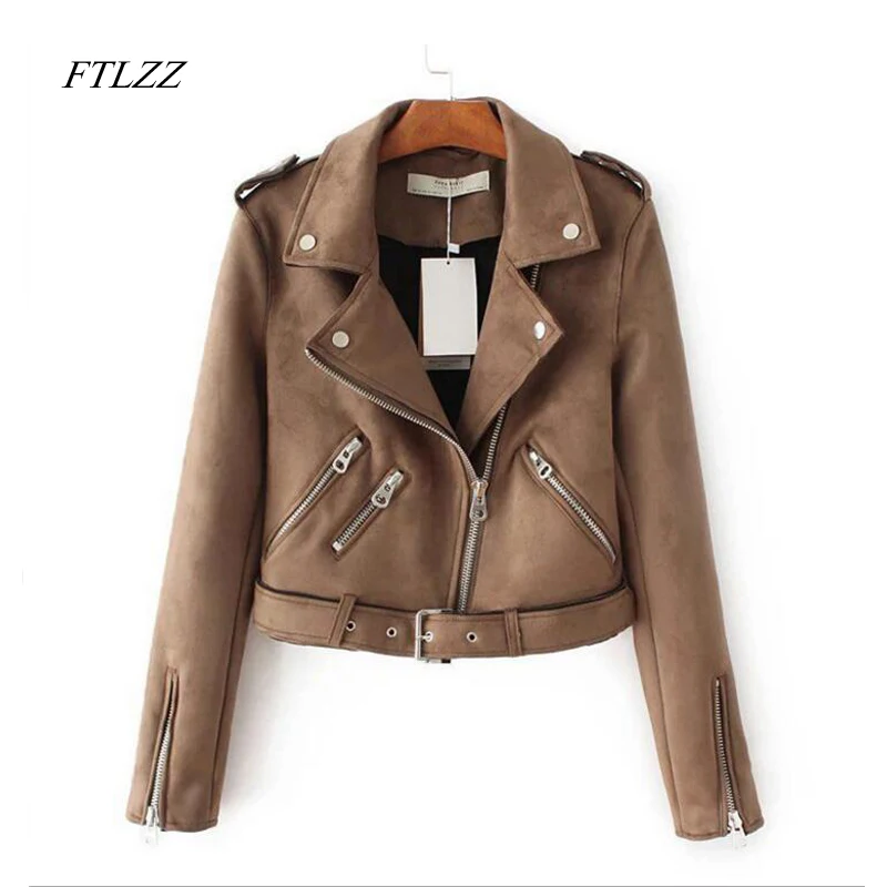 

Ftlzz Autumn Faux Suede Jacket Women Turn-down Collar Slim Motorcycle Jacket Vintage Short Design Pu Biker Leather Jacket