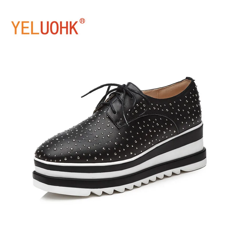 

Rivet Platform Shoes Heel Women 2018 Spring High Heels Genuine Leather Shoes Women Heels Top Quality 7 CM