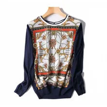 Женская Весенняя Осенняя мода футболка с рисунком шелк с футболки Oneck полный рукав темно-синие M/L Розничная