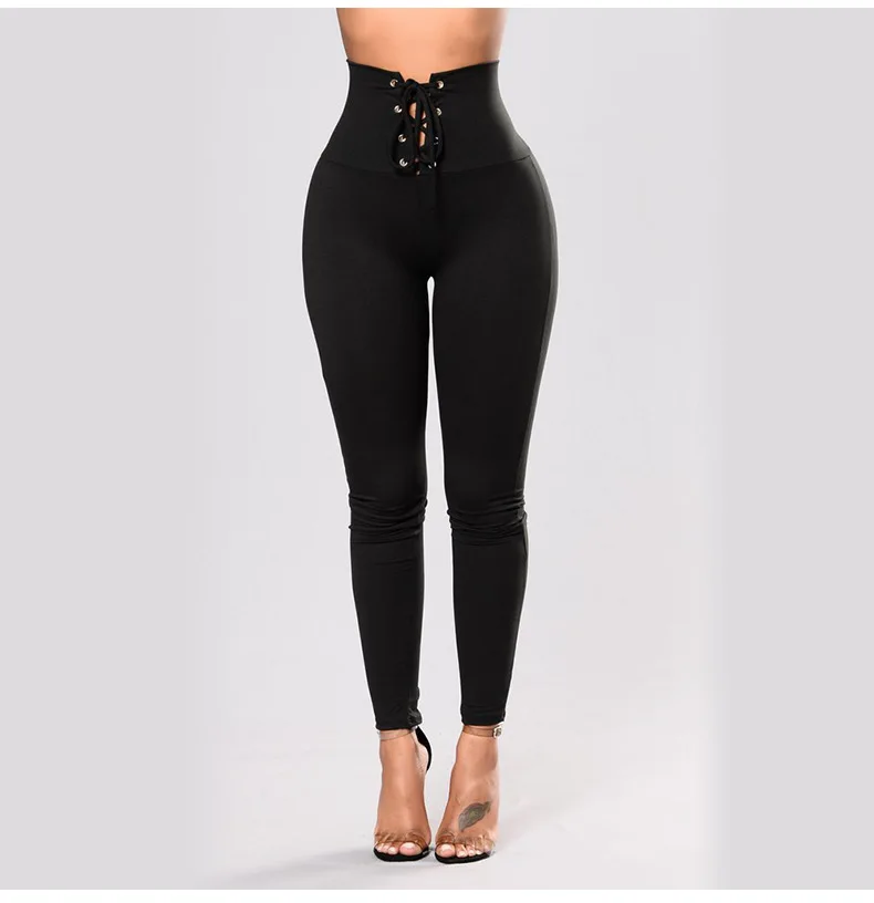 

2018 Spring High Waist Skinny Leggings Black Empire Eyelet Lace Up Sexy Leggings Women Elegant Sporting Pants EL009