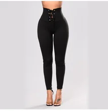 Mallas ajustadas de cintura alta de primavera 2018 negro Empire Eyelet Lace Up Sexy Leggings Mujer elegantes Pantalones deportivos EL009(China)