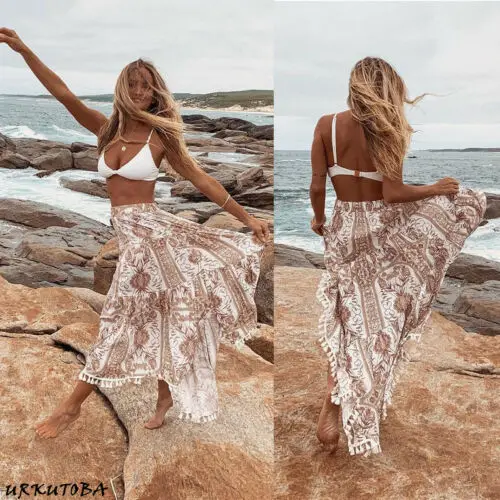 

2019 Floral Print BOHO Women Retro Gypsy Long Maxi Full Skirt Summer High Waist Beach Sun Beach Tassels New