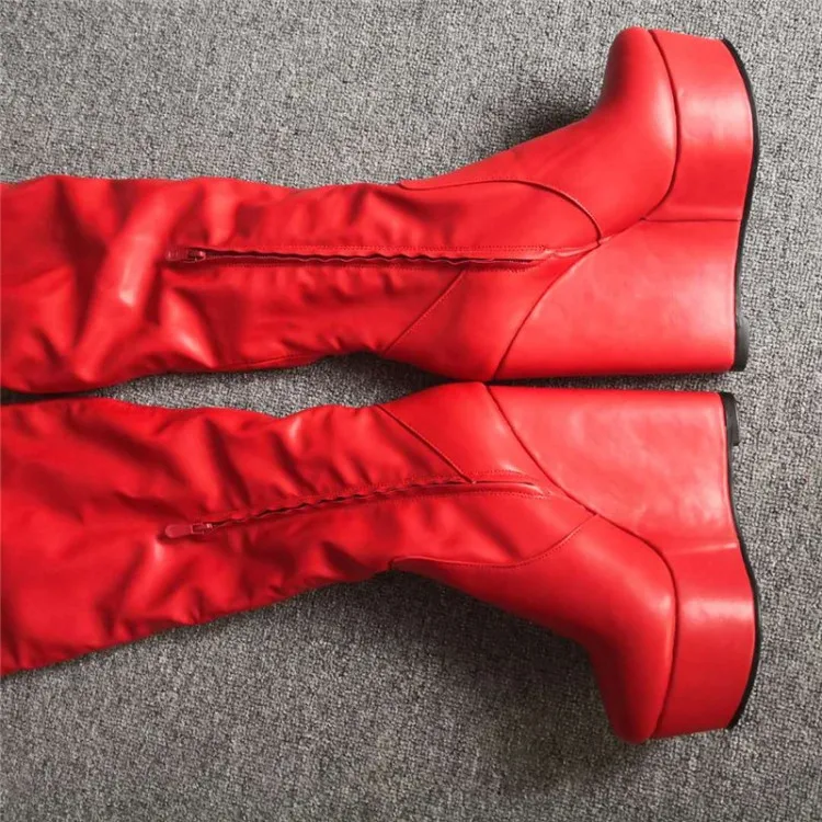 Olomm/новые женские ботфорты на платформе сапоги на танкетке и высоком каблуке великолепные красные модельные туфли с круглым носком женская обувь, большие американские размеры 5-15