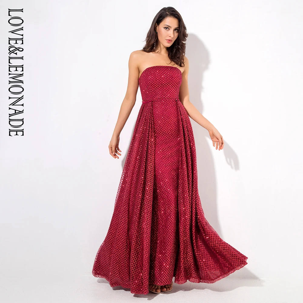 Красное Облегающее длинное платье без бретелек с надписью Love& Lemonade LM81216