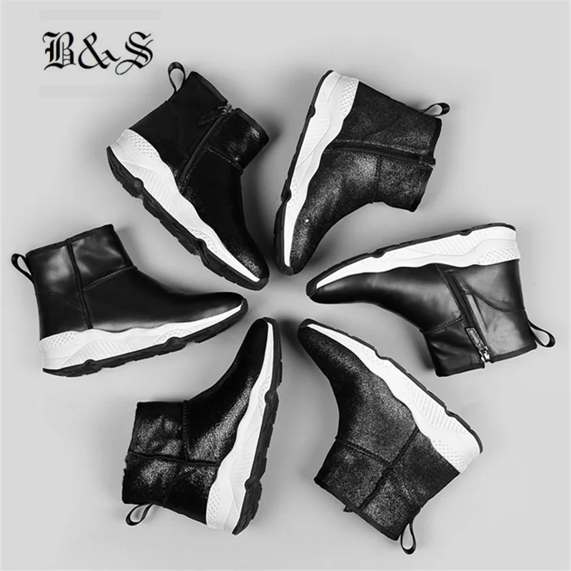 Black& Street Women Real Fur Winter snow Boots shearling causal trainer waterproof genuine leather handmade snow B