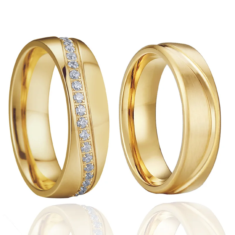 Wedding Band Rings Men Gold color aneis anel masculino size 15 feminino anillos Cubic Zirconia Engagement Couple Rings For Women