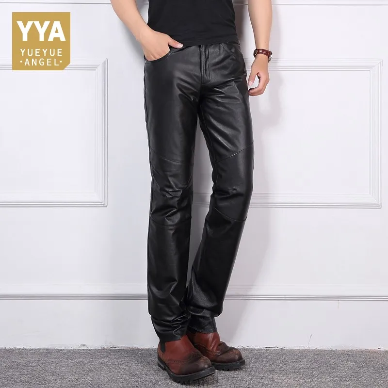 

Winter Thick Warm Cargo Down Pants Men Full Length Genuine Leather Motorcycle Trousers Men Biker Punk Pantalon Hombre Plus Size