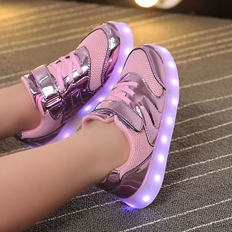 

Fashion Bright Solid USB Led Light Up Kid Shoes Breathable Hook &Loop Children Charging Luminous Sneakers For Girl And Boy 26-37