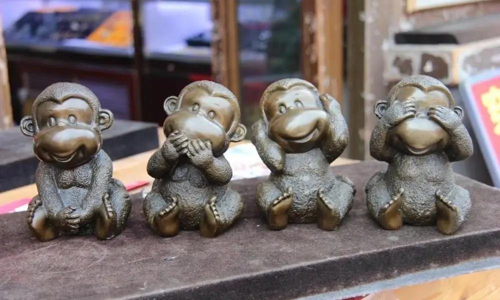 Chinese Pure Bronze Copper Home Feng Shui lovely Four Monkey Monkeys