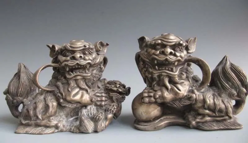 

Chinese classical Silver talisman Foo Dog Lion Pair