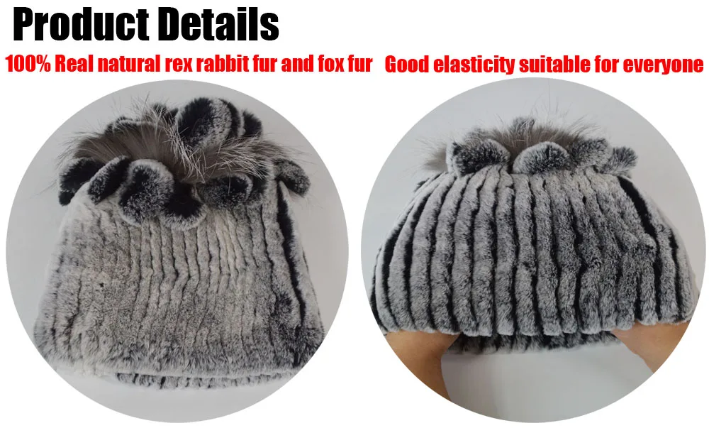 Women Natural Real Rex Rabbit Fur Beanies Hats Winter Warm Knitted Rex Rabbit Fur Caps New Female With Fox Fur Skullies Hat