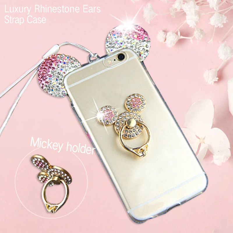 

3D Mickey Crystal Ear Case For iPhone X 7 6 6S Plus 5S Cover With Ring Holder For Samsung S10 S10E S9 S8 Plus J3 J5 J7 2016 2017