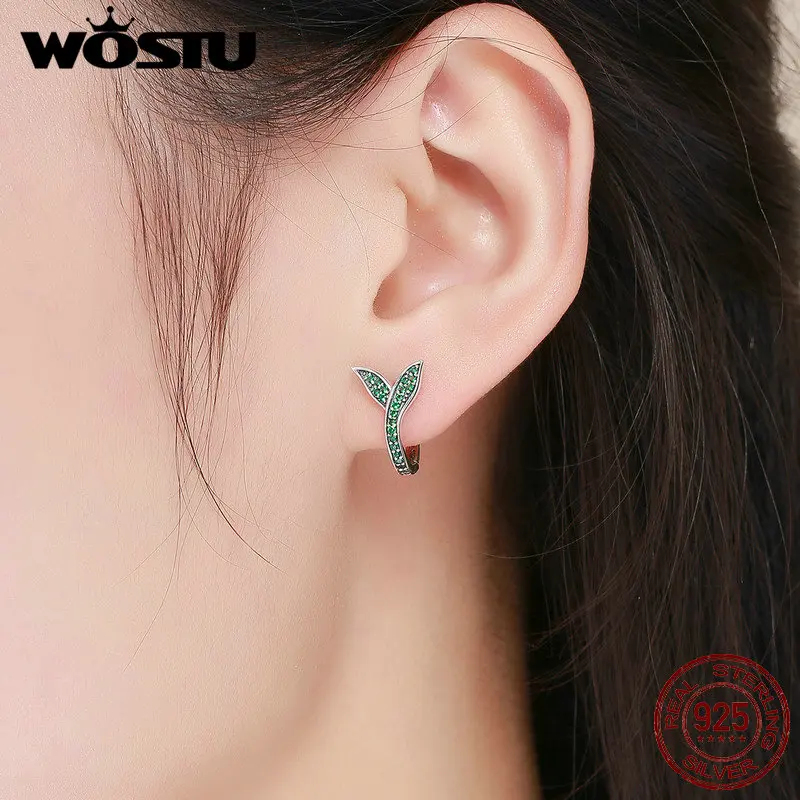 Женские серьги пусеты WOSTU из стерлингового серебра 925 пробы с зелеными листьями