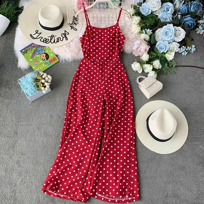 

NiceMix Women Summer Dot Cross Backless High Waist Sashes Loose Chiffon Jumpsuits Casual Lady Jumpsuit 2019 summer red dot