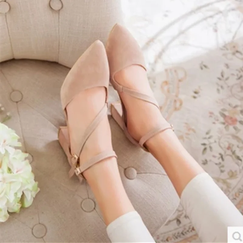 

Women Gladiator Pointy toe Anti-slippy Square Mid Heel Single Shoes Women Pumps OL Dress Crossing Buckle strap Flock Sandalias