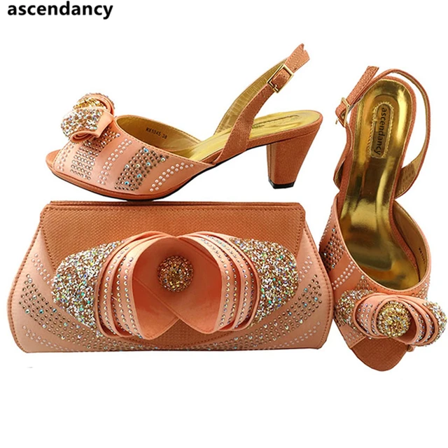 Peach Color Women Wedding Party Shoes and Bags to Match Rhinestone