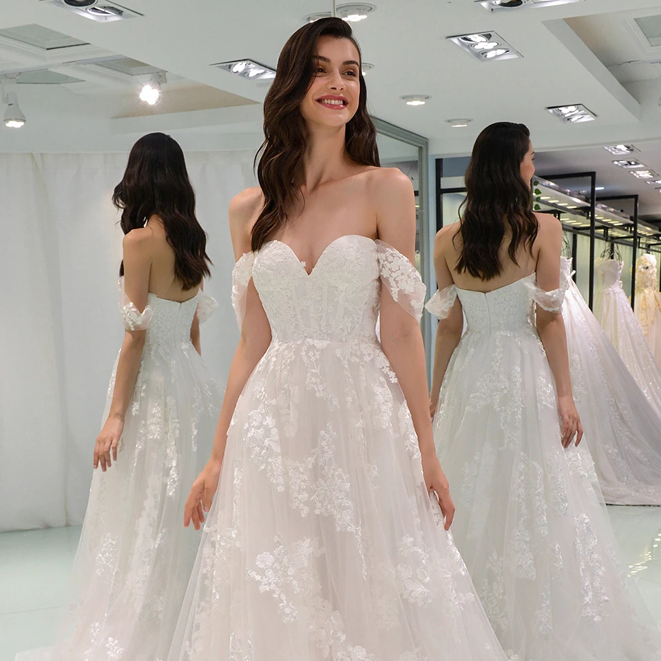 Dressv Элегантное свадебное платье женское с открытыми плечами кружевное на молнии