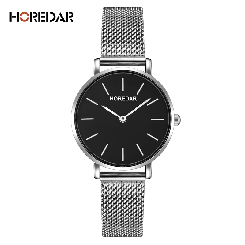 HOREDAR Luxury Steel Mesh Women Watch Ladies Ultra Thin Stainless Steel Band Quartz Wristwatch Fashion Female Clock Hot Relogio::