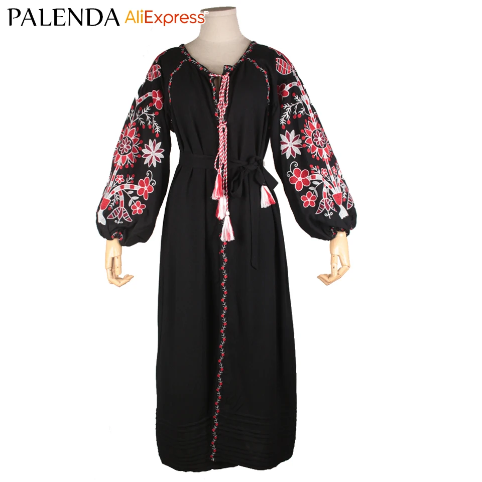 

women boho dress bohemian embroidery geometric pattern flower tassel cotton fabric ukraine chic vyshyvanka with belt