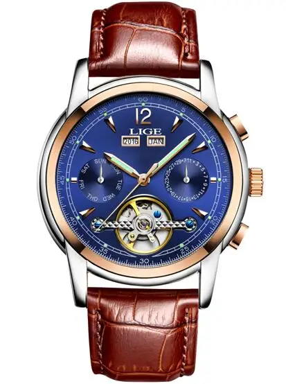 Модные женские часы Топ бренд Luxruy LIGE автоматические часы женские водонепроницаемые спортивные часы женские кожаные деловые наручные часы - Цвет: gold blue  L