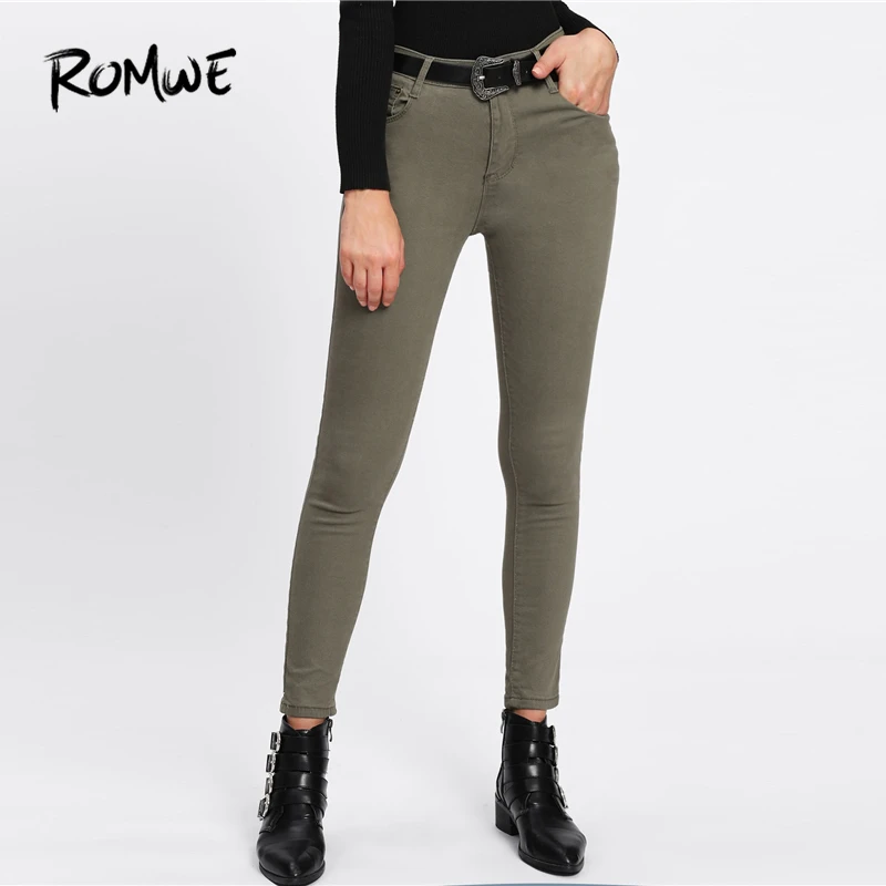 ROMWE обтягивающие джинсы армейского зеленого цвета на щиколотке, весенние осенние женские повседневные брюки, летние прямые укороченные брюки на пуговицах со средней талией