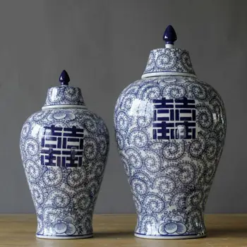 

Home Blue And White Porcelain Ginger jar Chinese Character Big Pot temple jar Wedding Room Decoration Ornament ceramic jar