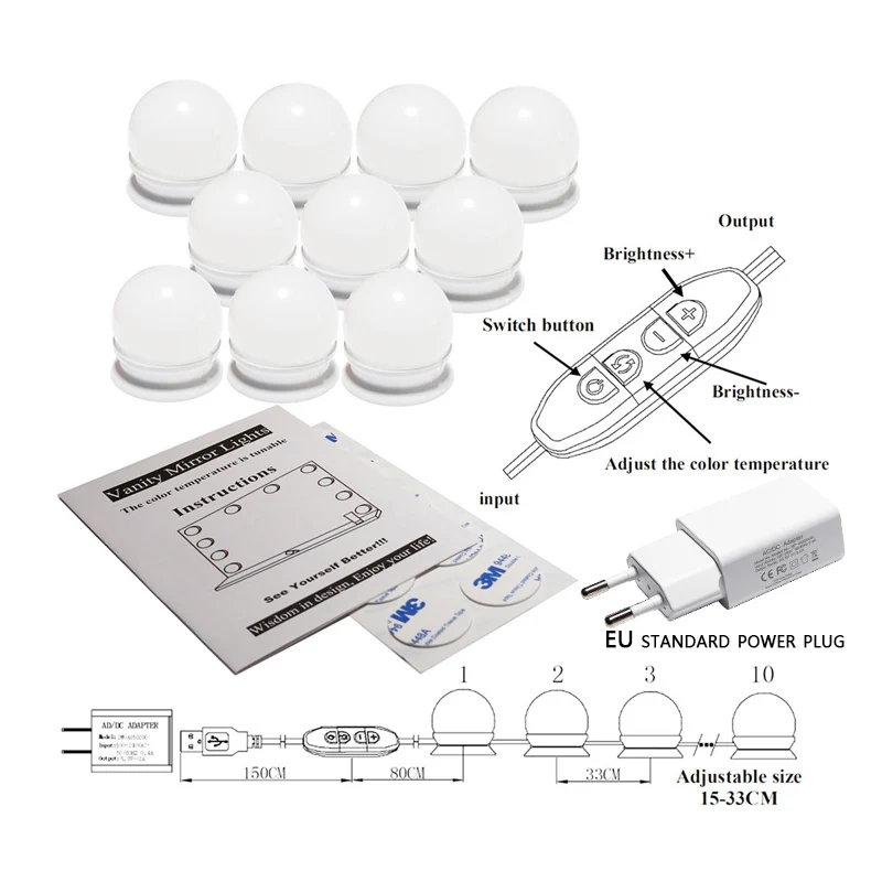 Лампы для туалетного столика голливудские зеркальные огни 10 светодиодный лампы 3 режима света и 10 Регулируемая лампы для макияжа зеркало/туалетный столик - Испускаемый цвет: 10 Bulbs and EU
