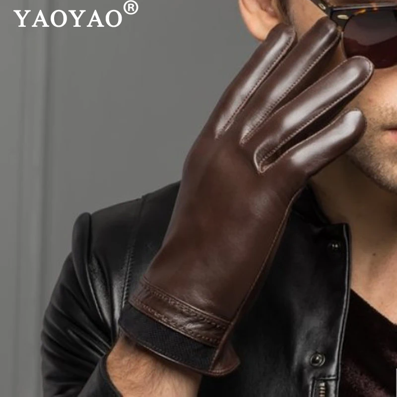 

YY8719 Man Fashion Style Winter Velvet Warm Genuine Leather Gloves Male Thick Luvas Black/Brown Car/Bike Driving Short Eldiven