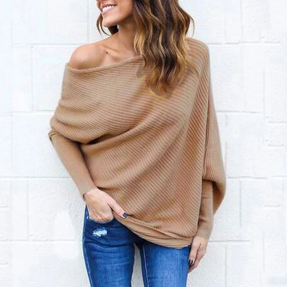 

2018 Hot Women Sexy Off Shoulder Knitted Sweater Autumn Sweater Long Batwing Sleeve Solid Baggy Sweaters Pullover Jumper Tops