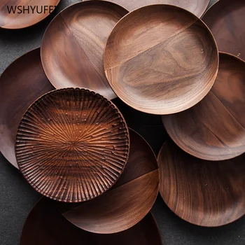 

Direct Japanese style simple black walnut round breakfast wooden tray home desktop creative snacks snacks solid wood tray