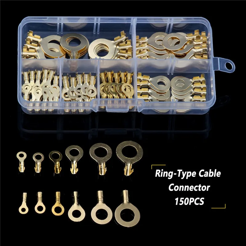 

150pcs Battery Cable Connector Circular Splice Crimp Ring Terminal Cable Copper Lug 3.2-10.2mm Bare Ring Lug Terminal Connector