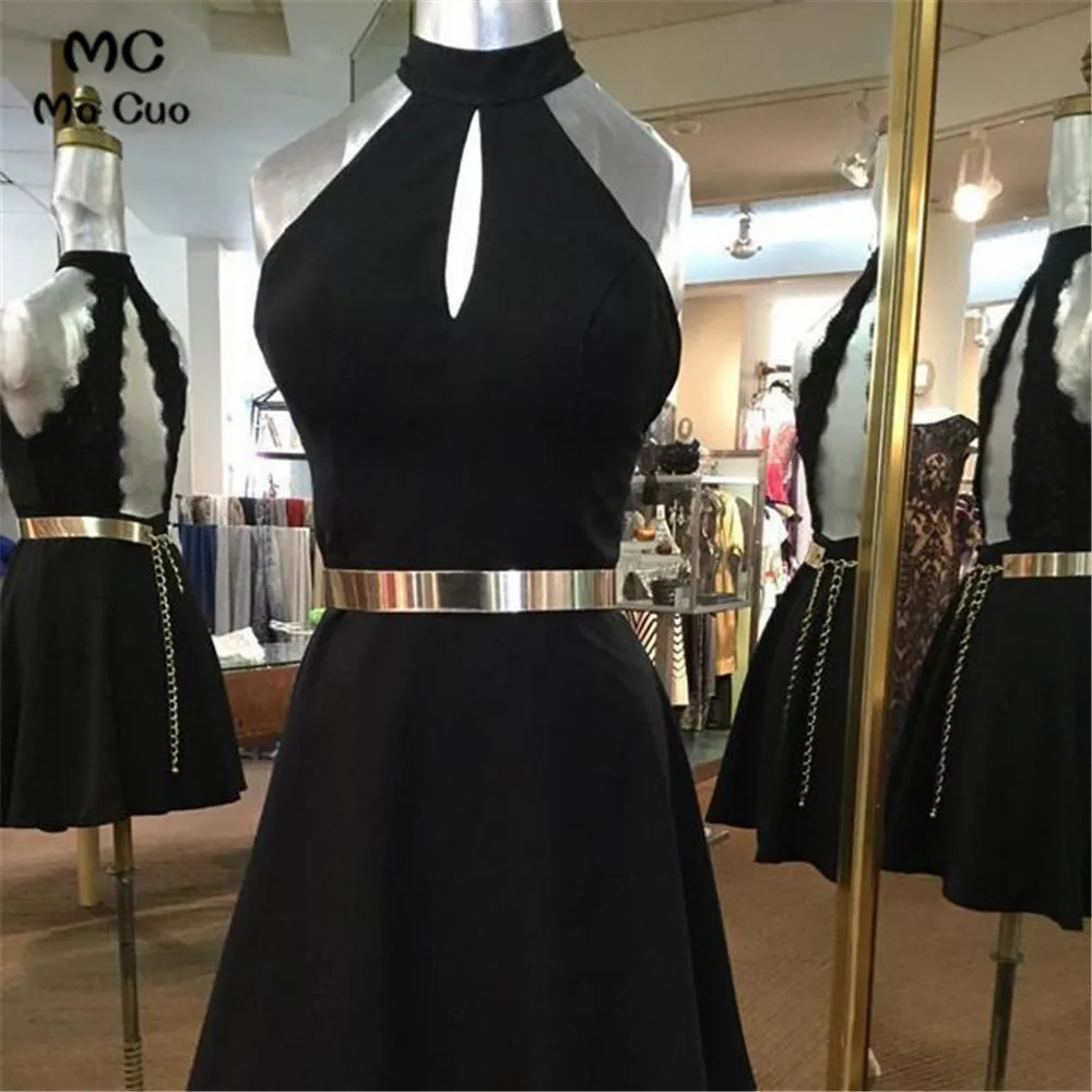 Short Black Keyhole Back Homecoming Dresses With Gold Belt