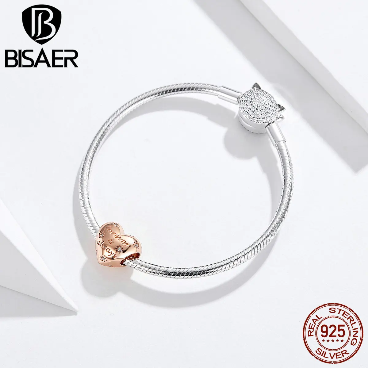 BISAER Genuine 925 Sterling Silver Heart Shape Beads Charms Fit For Women Bracelets Rose Gold Color Jewelry Making HSC1223