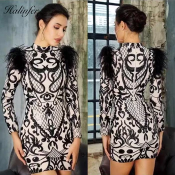 

Halinfer 2018 New summer women dress sexy O-Neck Feathers Sequined Mini bodycon Rayon Bandage elegant celebrity party dress