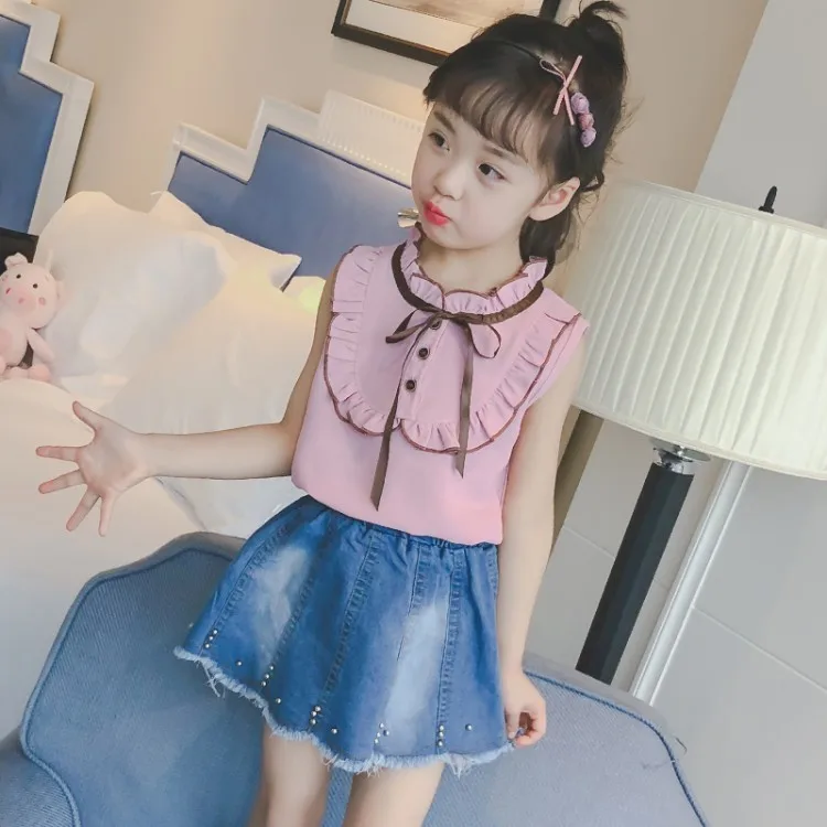 kids girls bowknot ribbon sleeveless shirts  denim short skirts girls clothes suits sets 6