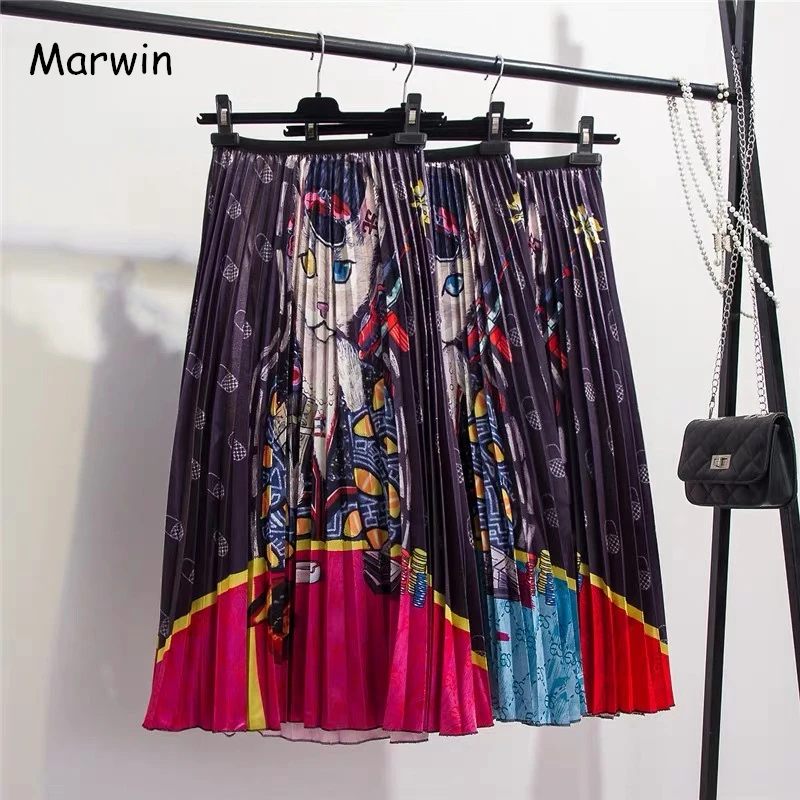 

Marwin 2019 New-Coming Summer Printing Animal Pattern High Street Europen Style High Elastic Min-Calf A-Line Women Skirts