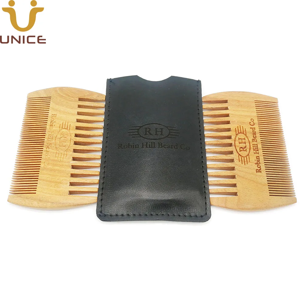 100 PCS Customized LOGO Wooden Comb With Leather Case Natural Green Sandal Wood Dual Sided Men Whiskers Beard Grooming