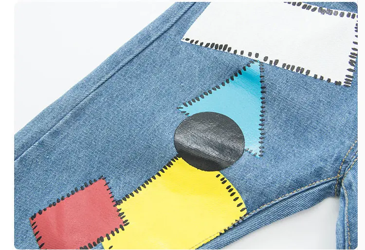 6 Baby Boys Jeans Kid Painted Pants Girls Denim Trousers Geometrical Color Block Patchwork Cotton Elastic Waist Baby Clothing