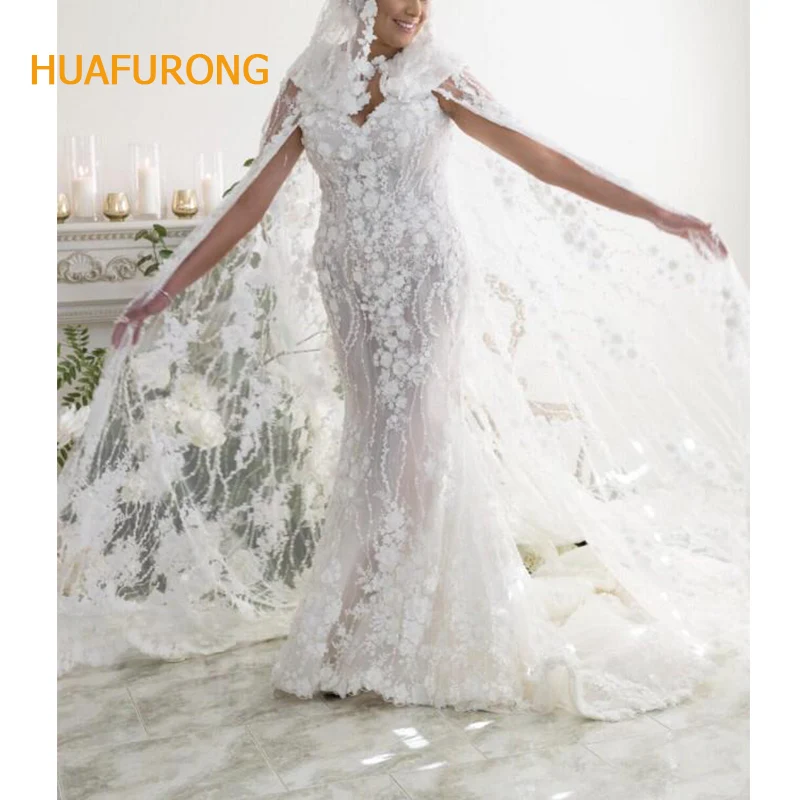 High End Customized White Floral Lace Wedding Gown 50cm Sweep