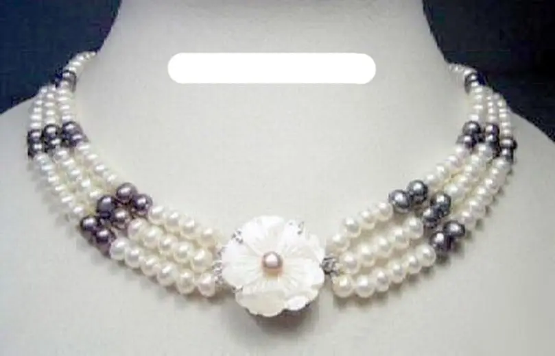 

Free Shipping >> 3 Rows Real White Black Pearl Shell Flower 18KWGP Clasp Necklace