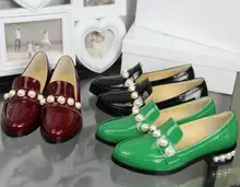 2017 Spring New Women Patent Leather Shoes Candy Color Elegant Pearl Decor Heel Slip On Ladies Shiny Burgundy Fashion Pumps