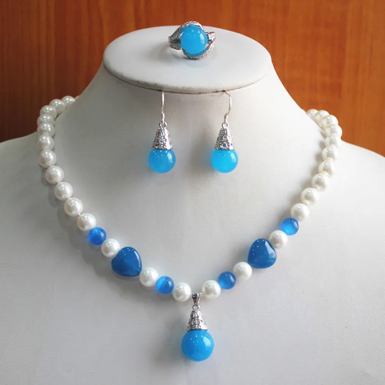 

hot sell new - birthday gift! jewelry set!Wholesale noble Women's mixed white and blue pearl/jade Necklace earring ring(7/8/9)