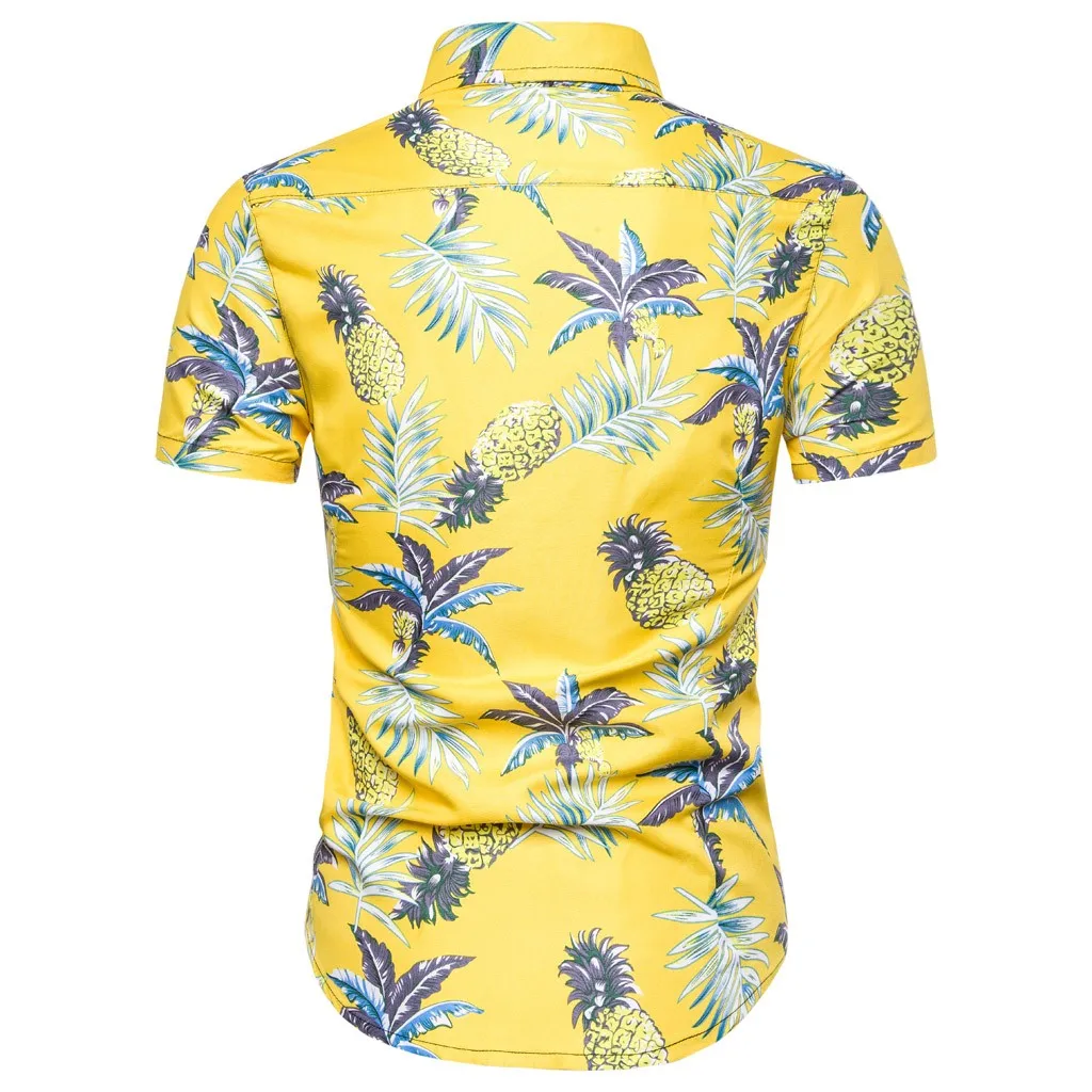 Популярная модная мужская летняя Гавайская хлопковая желтая Базовая рубашка с коротким рукавом, облегающая Мужская рубашка с принтом, Новое поступление