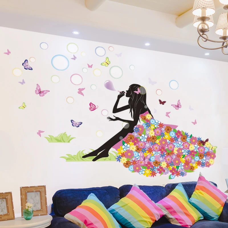 

[SHIJUEHEZI] Cartoon Girl Wall Sticker DIY Blowing Bubbles Flower Butterflies Mural Decals Home Decor for Living Room Kids Room
