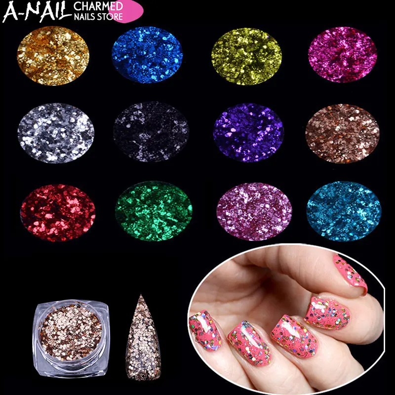 

12boxes/set Shining Nail Art Glitter Powder laser Embossed Hexagonal Sequins Powder Nail art Powder Dust Acrylic Tips