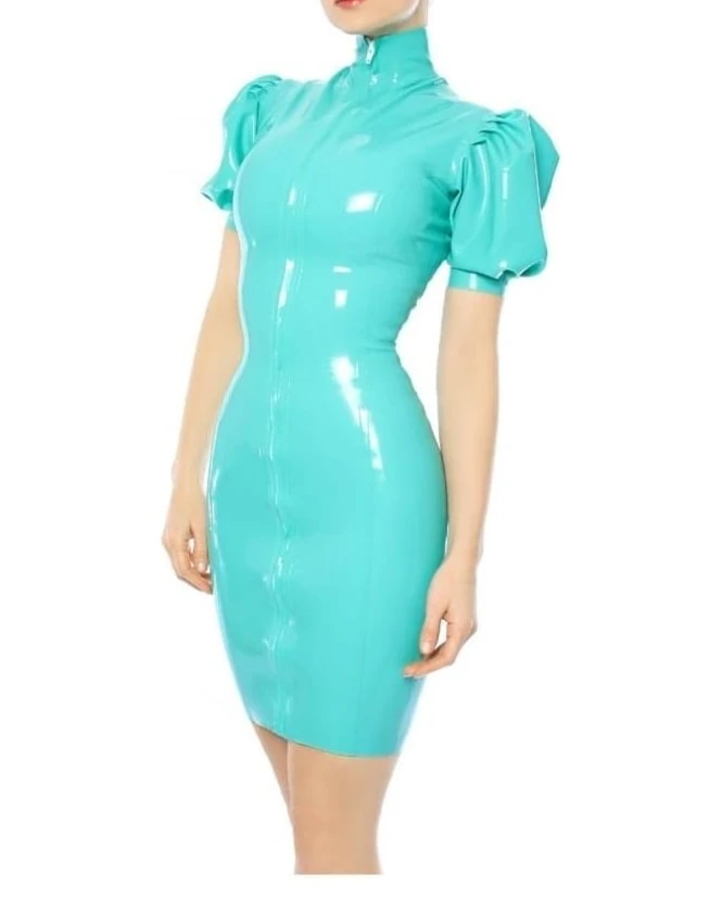 

Latex Short Lantern Sleeve Dress Latex Rubber Fashion Skirts With Full Length Zip Front
