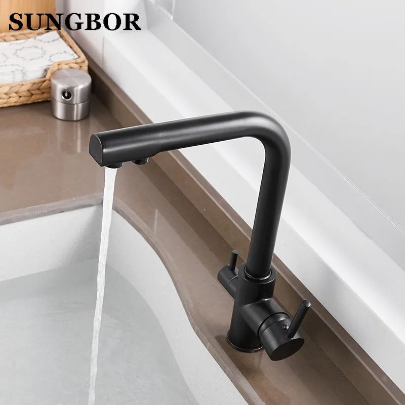 Kitchen Faucets Black 3 Way Water Filter Taps Dual Handle Chrome Brass Crane High Arch Swivel Purifier Filtration Tap CF-0183H Kitchen Faucets Black 3 Way Water Filter Taps Dual Handle Chrome Brass Crane High Arch Swivel Purifier Filtration Tap CF-0183H