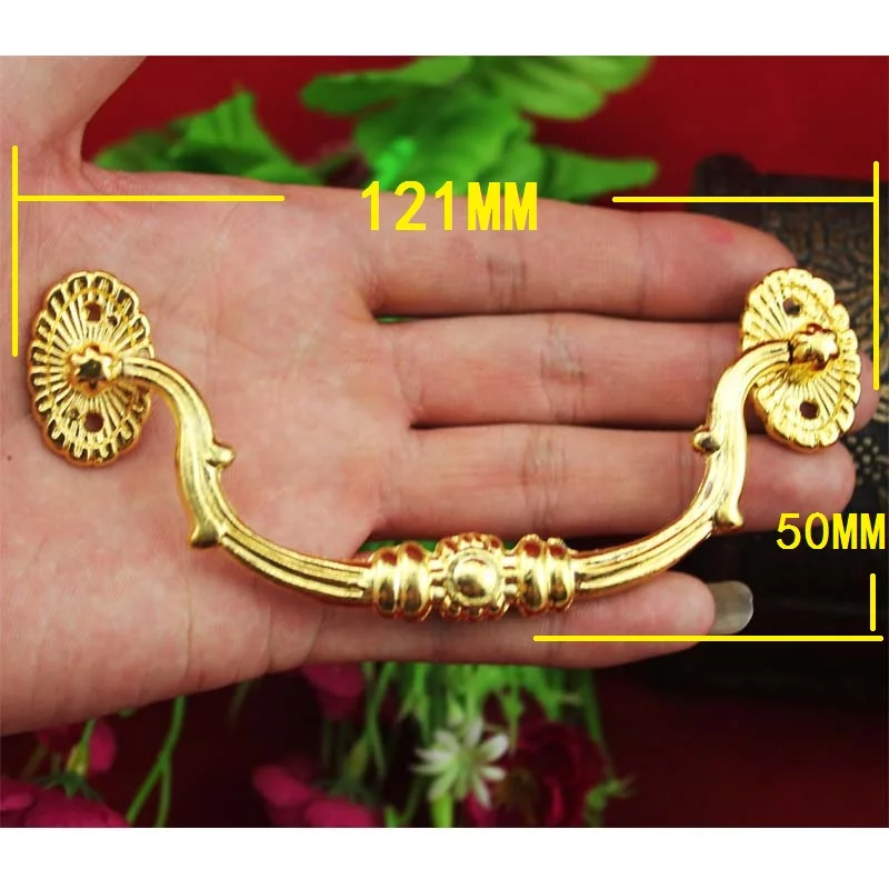 

Vintage Alloy European Wooden Box Furniture Flower Handle Knobs Tracery Arch,Cabinet Handles,Gold Color,121*50mm,8Sets